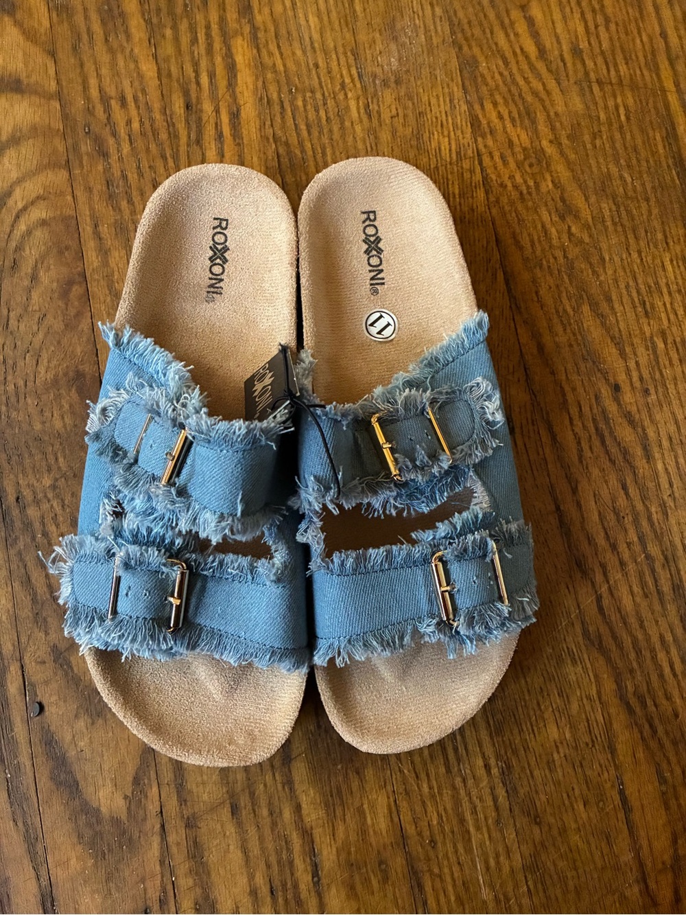 Roxoni Women's Blue Denim Double-Buckle Slide Sandals - Picture 2 of 4